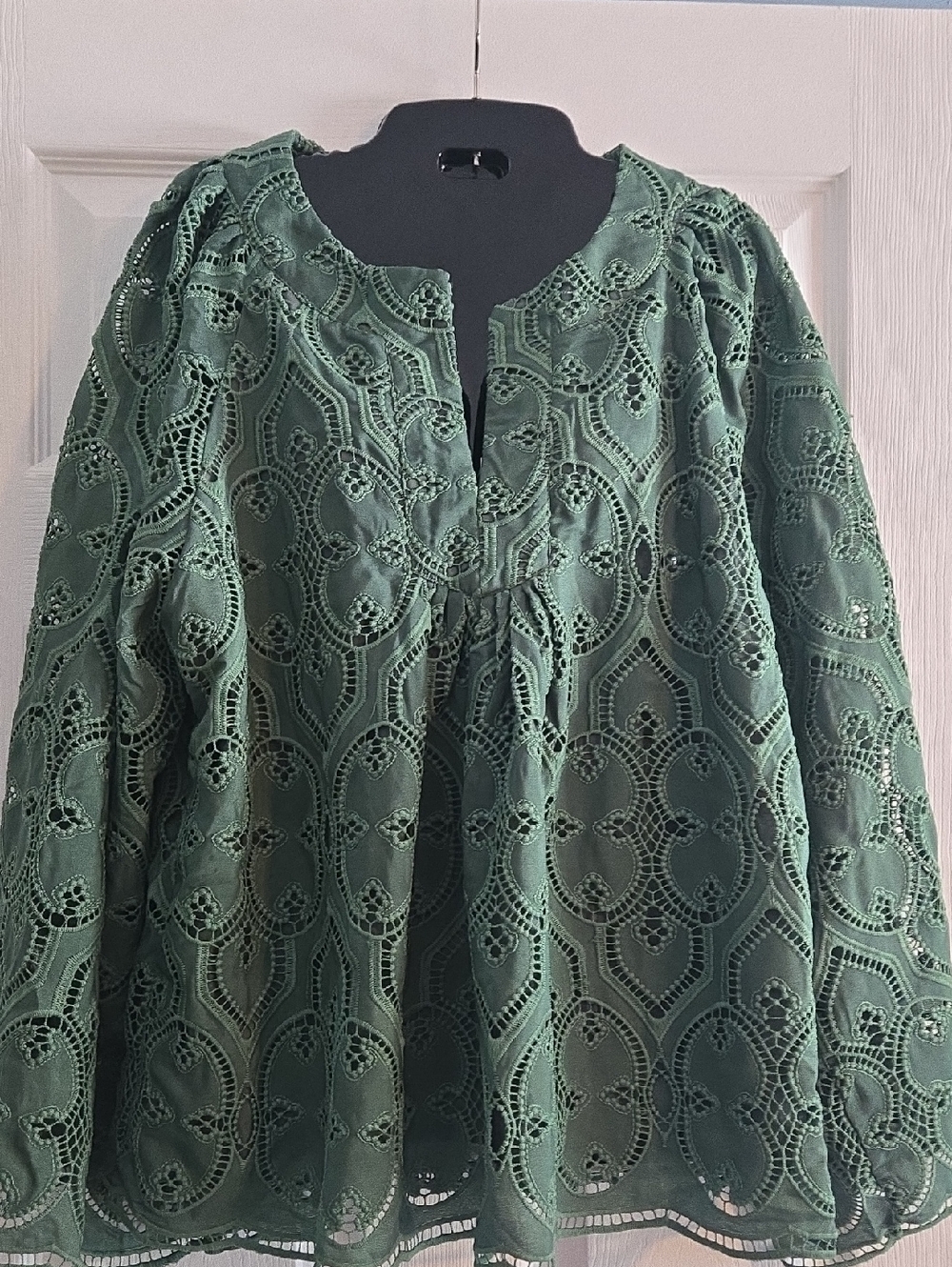 Women's Beautiful Green Eyelet Peasant Top